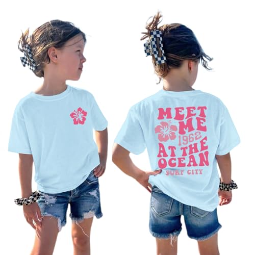 BeWithYou Cute Hawaiian Beach T Shirts for Girls Kids Aesthetic Pink Hibiscus Flower Shirt Oversized Summer Graphic Tee Tops（Sky Blue,150）