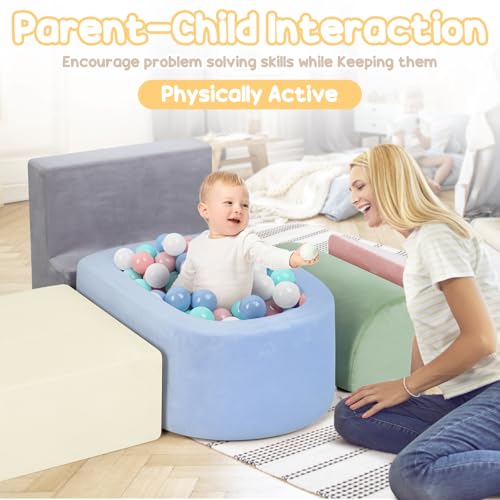 Image of whiffee Foam Climbing Blocks for Toddler, Toddler Climbing Toys Indoor, Kid Baby Climbing Toys Blocks with Ball Pit for Baby, Soft Play Set Playground (Balls not Included) (5-Color)
