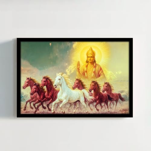 Image of PAINTINGMANRA Shurya Dev 7 Running Horses Framed Wall Art Painting For Living Room Seven Horse Vastu Feng Shui Poster with frame for Wall, Decoration item for bedroom, 13x17.5 Inch