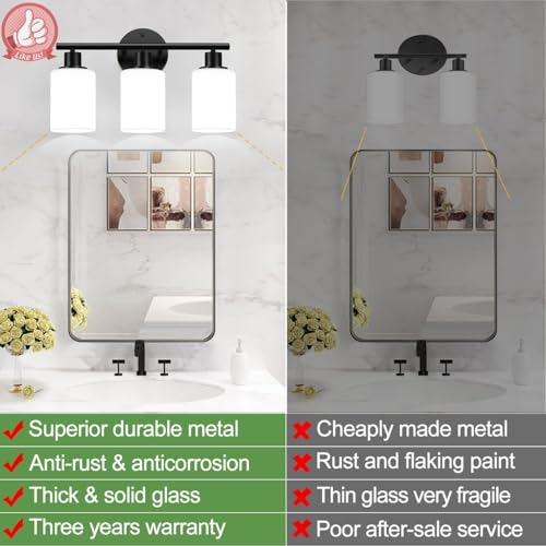 Image of Zarbitta 3-Light Bathroom Light Fixtures, Black Modern Vanity Lights with Milky White Frosted Glass Shades, Bathroom Wall Lamp for Mirror Kitchen Living Room Hallway Cabinet Porch
