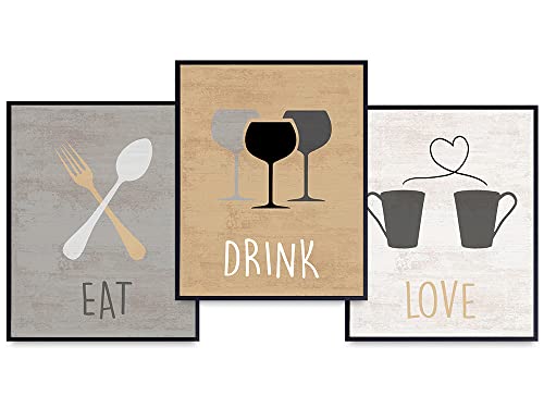 Dining Room, Kitchen, Cafe, Restaurant Wall Art Print Home Decor -Cute Unique Gift for Women, Her, Cooks, Chefs, Anniversary, Birthday - Rustic Vintage Mural -Eat Drink Love Photo Picture Set Unframed