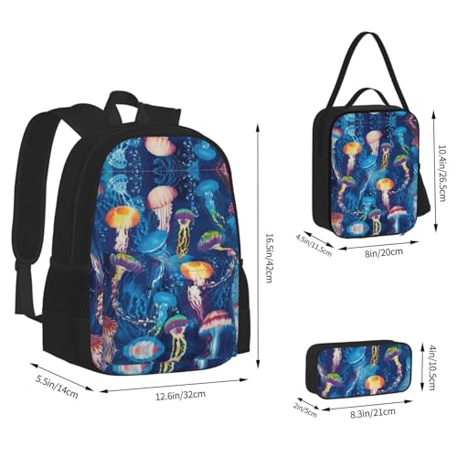 nanger Colored Jellyfish Print 3-Piece Set Backpack, Lunch Bag And Pencil Case, For Travel, College, And Daily Use4