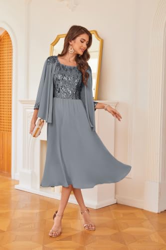 Image of GRACE KARIN Formal Wedding Guest Dress Sequin Mother of The Bride Dresses | Two Piece,3 /4 Sleeve,Tea Length,Crew Neck,Fit and Flare,Chiffon,Suitable for Spring /Summer /Fall /Winter /Cocktail /Party /Prom