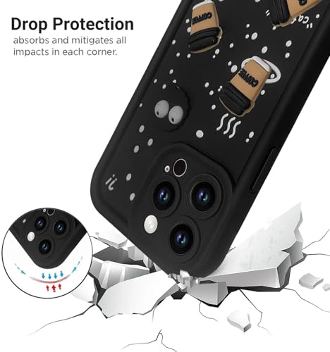 Image of SHINESTAR Back Cover for iPhone 15 Pro - 3D Cartoon Coffee & Eyes Design | Soft Silicone Shockproof Case with Full Camera Protection | Cute & Playful Phone Cover - Black