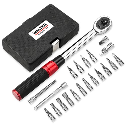 WALTER Fahrrad Drehmomentschlüssel Set 2–24 Nm – 21-tlg. Werkzeugset Ratsche mit Bits, 1/4 Umschaltknarre – sicheres Drehmoment Werkzeug für MTB, E-Bike, Rennrad, Scooter