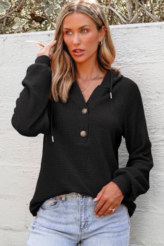 Image of Dokotoo Hoodies for Women Waffle Knit Button V Neck Casual Sweatshirt Tops