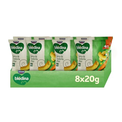 Blédina Snacks BIO, Bolsas de Snacks Saludable para niños sabor Zanahoria y Maíz. Tubitos Sin Gluten, Sin Conservantes Ni Colorantes y Sin Sal Ni Azúcares Añadidos. Desde los 8 Meses, Pack 8x20g