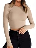 Tankaneo Women Crop Tops Long Sleeve Crewneck Ribbed Knit Slim Fit Y2K Workout Shirts Apricot