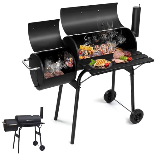 Parrilla de Carbón para Barbacoa, Barbacoas de Barril y Ahumadores con Ruedas Móviles, Termómetro en Tiempo Real, Rejillas de Ventilación Ajustables y Gran Capacidad para Fiestas y Campamentos