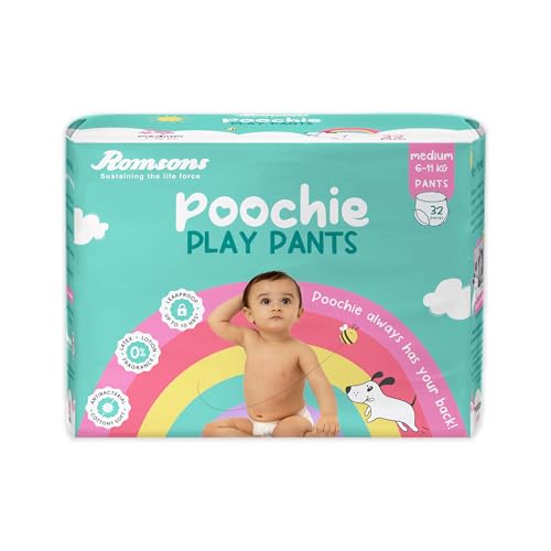 Image of Romsons Poochie Play Pants Baby Diapers - M (32 Pieces) | Suitable for 6-11 KG | 360 Comfort Fit and Leakproof Upto 10 Hrs.