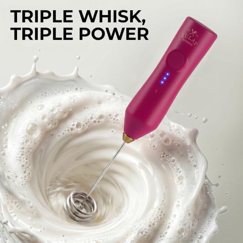 Image of Zulay Kitchen Rechargeable Milk Frother Handheld - Frother Wand, Drink Mixer, Electric Whisk Frother, for Cappuccinos, Matcha & Protein Powder - Dynamic Triple Whisk, 3 Speed 500mAh Dragonfruit Gold
