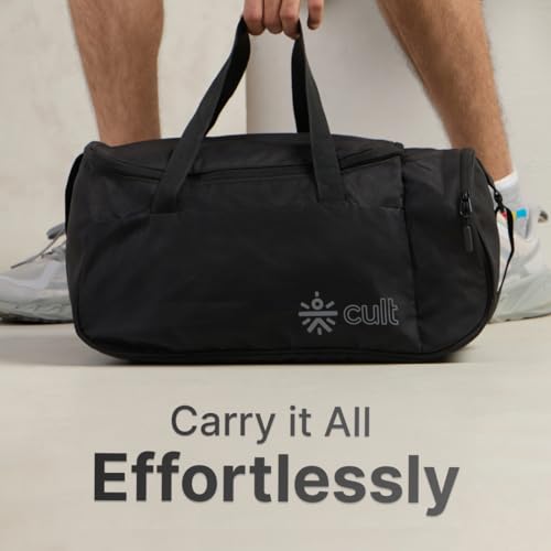 Image of Cult 25 Litre Gym /Duffle Bag for Men & Women - Water-Resistant Sports & Travel Bag with Spacious Main Compartment, Side Mesh Pocket, Durable Zippers & Adjustable Shoulder Strap - Black
