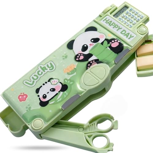 Image of Sanghariyat Magnetic Multifunctional School Pencil Box with Calculator Cute Cartoon Stationary Large Capacity Compass Geometry Kids Scissor Ruler Eraser Magnetic Box Best Gifts (Panda Calculator)