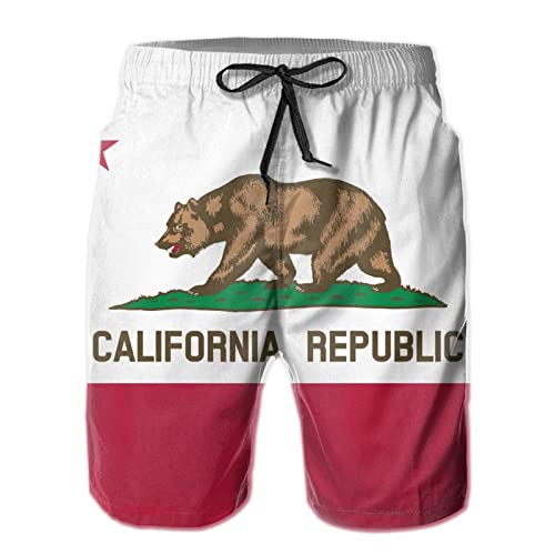 Mens Beach Shorts California Flag 3D Printed Swim Trunks Quick Dry Surf Bathing Suit