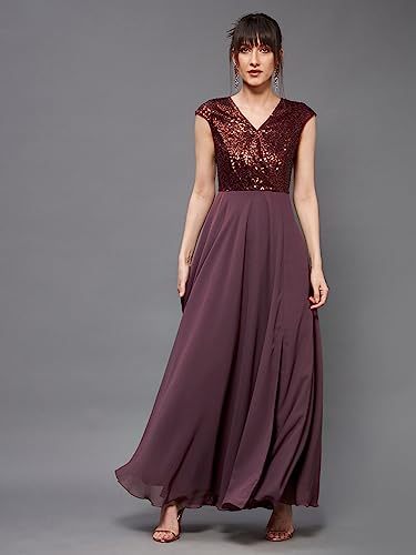 Image of Miss Chase Women's Round Neck Sleeve Embellished Fit Flare Maxi Dress