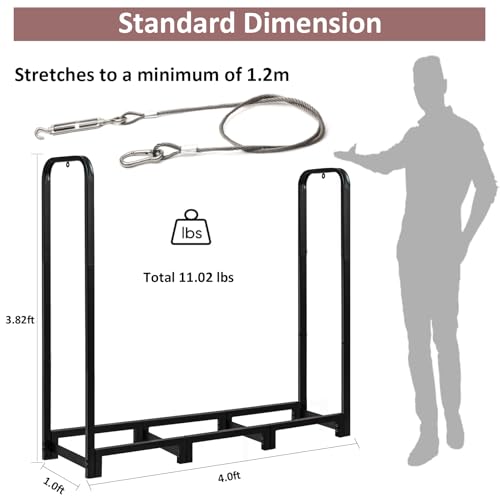 GPUSFAK 4FT Firewood Rack Stand - Fireplace Wood Storage Stacker Holder Heavy Duty Pile Logs Rack Holder for Outdoor Indoor Metal Firewood Logs Stacker, Black