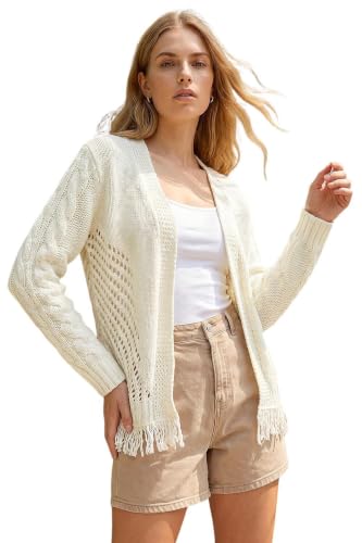 Image of Roman Originals Lightweight Fringe Hem Knit Cardigan for Women UK - Ladies Everyday Holiday Spring Summer Comfy Soft Evening Vacation Work Party - Ivory - Size 16