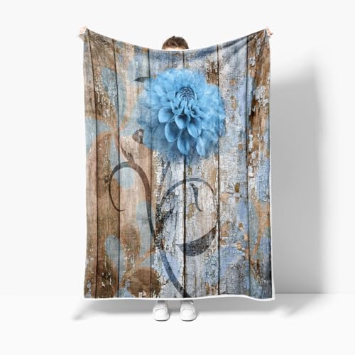 JAWO Farmhouse Flower Floral Throw Blanket, Rustic Blue Dahlia Fleece Cozy Warm Bed Couch Blanket, Country Blue Brown Fleece Flannel Throws to Decorate the Room and Bedroom Warm Blanket 60X90IN