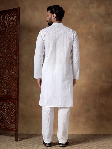 Image of Men's Solid Regular Fit Ethnic Wear White Kurta Pajama Set with Front Pocket