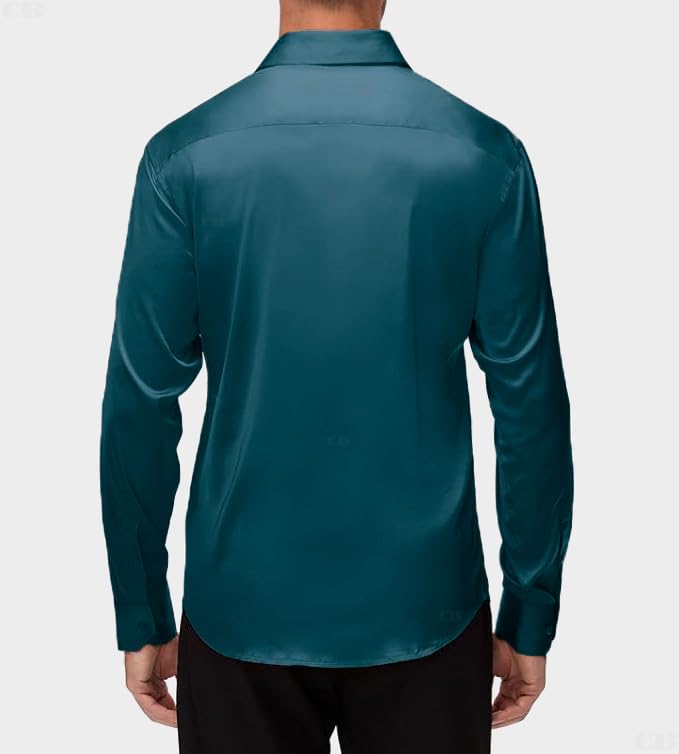 Image of CB-COLEBROOK Mens Stylish Solid Silk Satin Casual Dress Shirts for Men Shiny Long Sleeve Button Down Shirt Party Prom Wedding Shirt for Mens