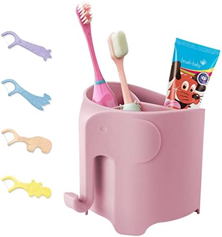 Hippywell Elephant Kids Toothbrush Holder for Bathroom, Suction Cup Electric Toothbrush and Toothpaste Holder for Toddler, 3 Slots with Hanging Towels or Bath Ball, Rapid Drying Sink, Pink
