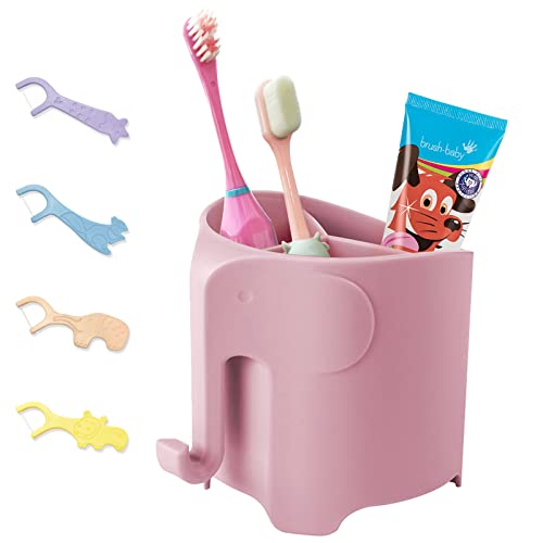Hippywell Elephant Kids Toothbrush Holder For Bathroom, Suction Cup Electric Toothbrush And Toothpaste Holder For Toddler, 3 Slots With Hanging Towels Or Bath Ball, Rapid Drying Sink, Pink #TOP25