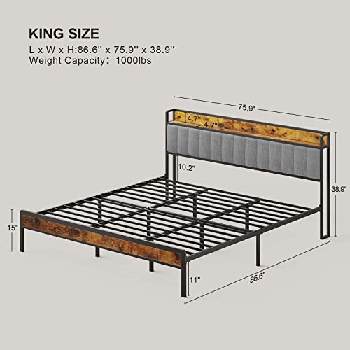 Gizoon King Bed Frame With Storage Headboard, Metal Platform Bed Frame Strong Steel Slats Support Mattress Foundation, Large Under Storage, No Noise (Light Grey) #TOP1