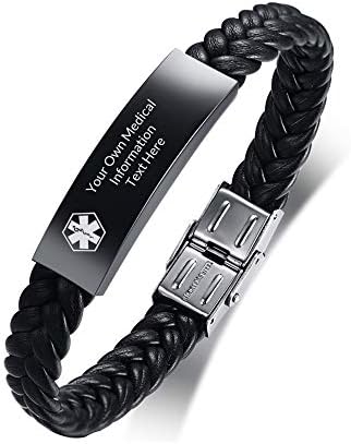 PJ JEWELLERY Stainless Steel Braided Leather Medical Alert Bracelet Customise Diabetic ID Bracelet for Men's,SOS Emergency Life Awareness Bracelet,Adjustable