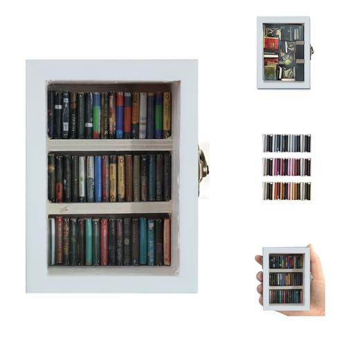 SIHPTO Anxiety Mini Bookshelf Decoration Small Bookshelf Miniature Library with 60pcs Mini Books，Office Decor Shake Away Your Anxiety，Home Decoration for Book Lovers（White）