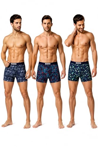 Image of BONO Men Cotton Blend Printed Trunk Combo Anti-Bacterial Moisture Wicking No Marks Stretchable Regular Fit Waistband Underwear Pack of 3 (Darkblue-Multicolor-TurquiseBlue-M)