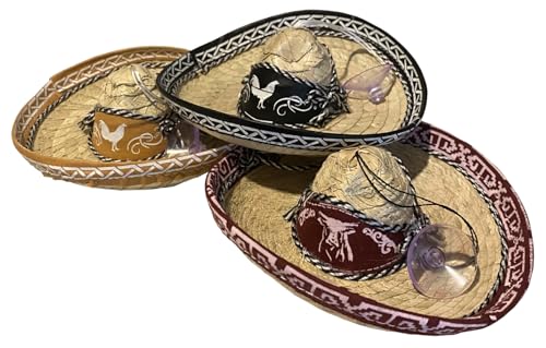 Set of 3 Mini Traditional Mexican Sombreros with Suction Cups for Windows or Windshields Fiesta Party Decorations Authentic Natural Fiber Charro Sombreritos Assorted Colors Cinco de Mayo Bottle Hats