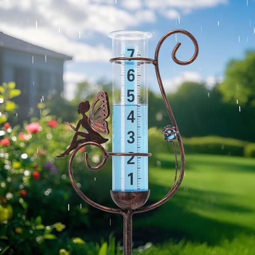 WONDER GARDEN Rain Gauge Outdoor, Decorative Fairy Rain Gauges Outdoors Best Rated, Freeze Proof Glass Water Rain Measure Gauge with Blue Bead for Yard Patio Lawn Decor