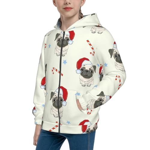 Christmas Pug Dog Kids Pullover Hoodies Boys Zip Up Sweatshirts Girls Athletic Clothes with Pocket