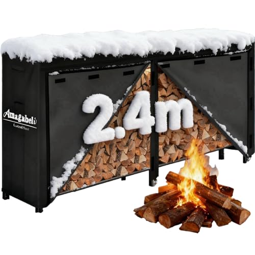 Amagabeli 2.4m【All-Weather Protection】Firewood Rack with Cover, Heavy-Duty Steel Log Holder, Holds 1/2 Cord, Waterproof 600D Oxford Roof for Garden, Patio & Fireplace