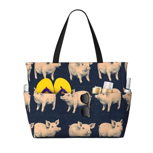 Large Beach Bags for Women Sandproof - Cute Pig Navy Blue Print Summer Travel Work Tote Bags with Zipper