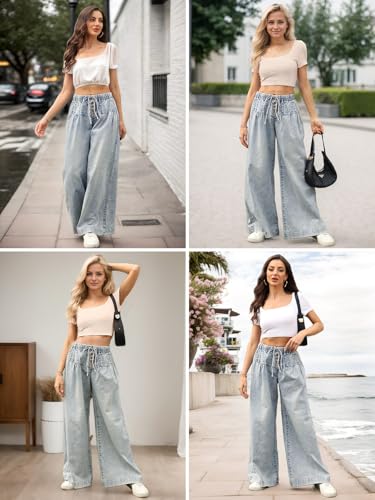 LONGBIDA Wide Leg Jeans Women Stretch High Waisted Drawstring Elastic Waist Flare Denim Pants4