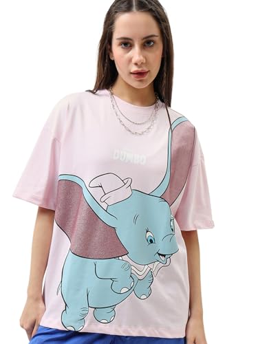 Image of Bewakoof Official Disney Merchandise Women's 100% Cotton Graphic Print Oversized Fit Round Neck T-Shirt