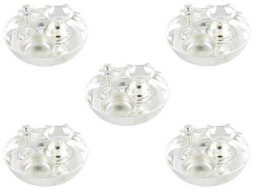 GoldGiftIdeas 4 Inch Silver Plated Pooja Thali Set (Pack of 5), Pooja Thali Decorative Plate, Return Gift for Wedding and Housewarming