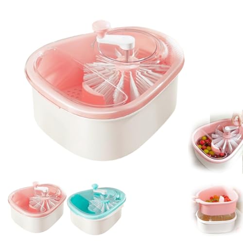 Fruit Washer Spinner Bowl with Brush, Double Layer Large Capacity Fruit Washer Spinner with Lid and Drain Basket, Multifunctional Fruit Cleaner Container and Storage for Home Kitchen (Pink)