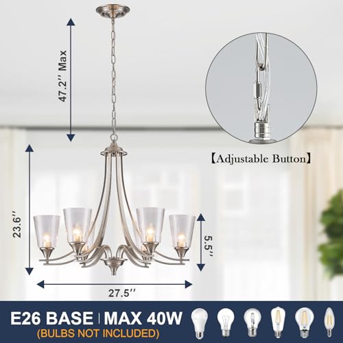 Image of Brushed Nickel Chandelier Light Fixture for Kitchen Island 6-Light Pendant Lighting with Seed Glass Lampshade Max 47.2 Height Adjustable Silver Hanging Light for Dining Room Foyer Living Room