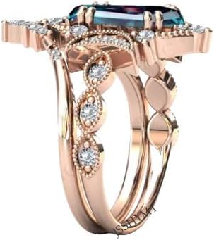 Vintage Alexandrite Engagement Ring Set for Women – Coffin Shaped Gemstone Art Deco Silver Wedding & Statement Ring, Color Chaning 925 Silver Ring