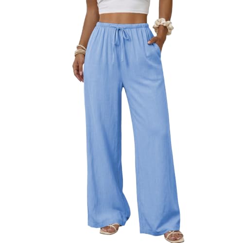 Image of Duyang Womens Cotton Linen Palazzo Pants Drawstring Elastic Waist Casual Wide Leg Trousers with Pockets