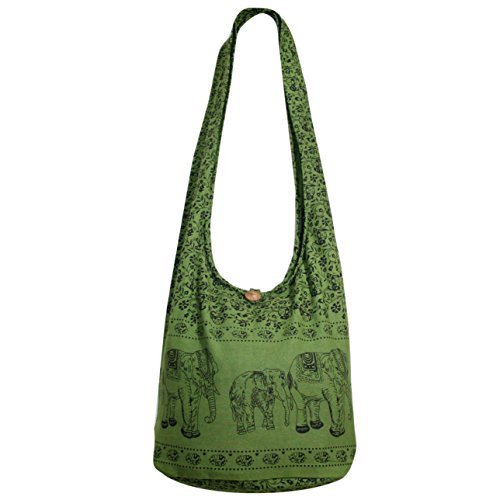 Thai Monk Buddha Cotton Elephant Sling Crossbody Messenger Bag Shlouder Purse Hippie Hobo Color Green