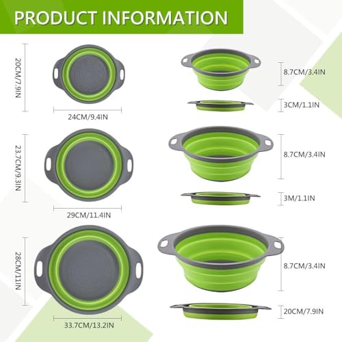 Image of Collapsible Silicone Colander Set of 3 with Drainage Tray, Foldable Food Strainer Basket for Fruits, Vegetables, Pasta & Kitchen Storage, Space Saving - Grey Green
