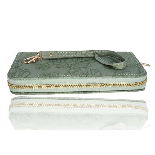 Ladies flower embossed wallet, ladies ultra-thin long wallet with zipper closure design, wristband, 7.67 x 3.93 inches, green2