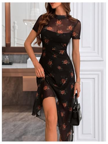 Image of Floerns Women's Floral Mesh Short Sleeve Asymmetrical Hem Flared A Line Dress