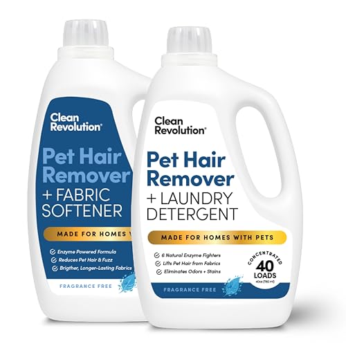 Clean Revolution Pet Hair Remover Laundry System 2-pack: Laundry Detergent + Fabric Softener with HairLift Technology Fragrance-Free 6 Natural Enzymes Removes Pet Hair Stains & Odors 40 Oz Each