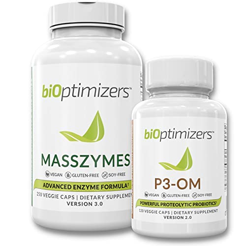BiOptimizers - P3-OM and MassZymes Bundle - Premium Digestive Enzymes and Probiotics for Women and Men - Doctor-Formulated (250 MassZymes Capsules, 120 P3-OM Capsules)
