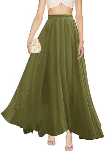 v28 Women Full/Ankle Length Elastic Pleated Retro Maxi Chiffon Lo...