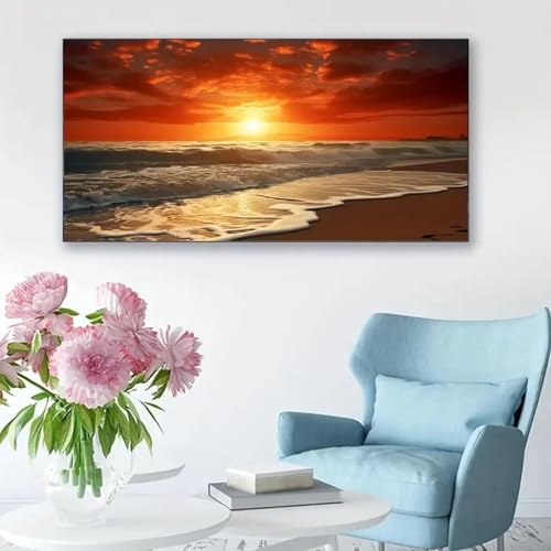 Coucher de soleil sur la plage de l'ocean toile format panoramique pour mur